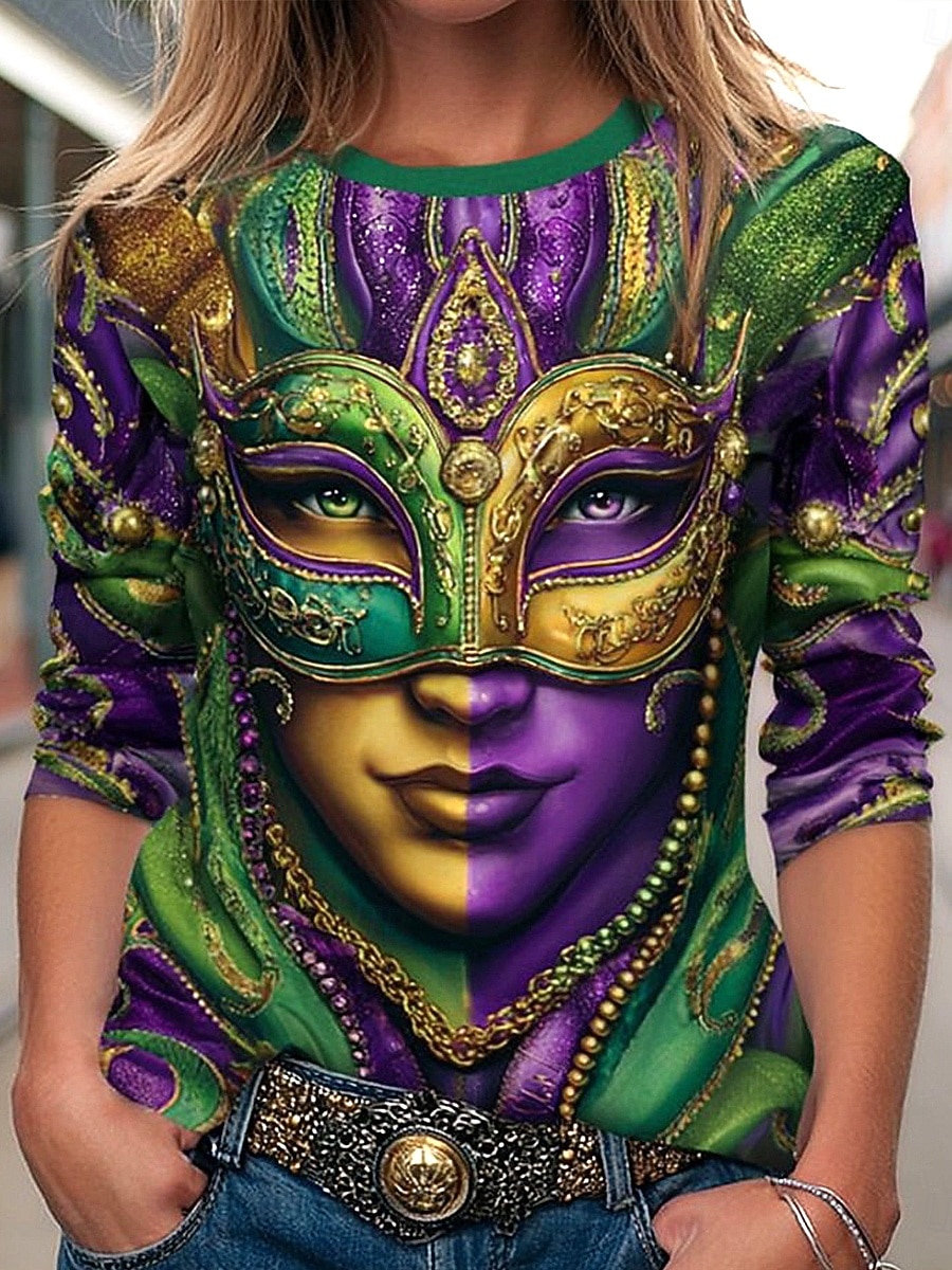 Karneval Damen T-Shirt Grafik Geometrisch Vintage Stylisch Modern Lange Ärmel Rundhalsausschnitt Regelmäßige Oberteile Täglicher Wochenenddruck Grün Frühling Winter 2026 - $24.99 –P1