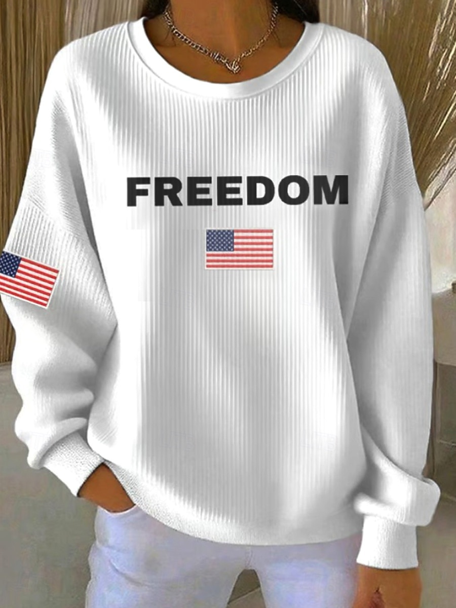 Uavhengighetsdag Patriotisk Kvinners Textured Pullover Sweatshirt Pullover Grafisk Casual Lang Erme Crew Hals Rund Hals Vanlige Topper Casual Hjem Gate Blå Svart Hvit Rød Vår Høst 2026 - $29.99 –P1