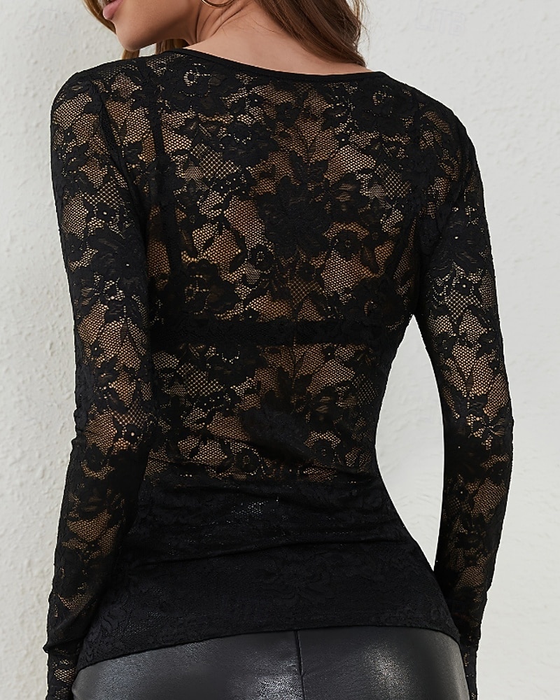 Mulheres Blusa Tops de renda Renda Tecido à moda Sensual Manga Longa Decote V Tops regulares Diário Feriado Para Noite Preto Branco Vinho Azul Marinha Verde Esmeralda Outono Inverno de 2026 por $22.99 –P2