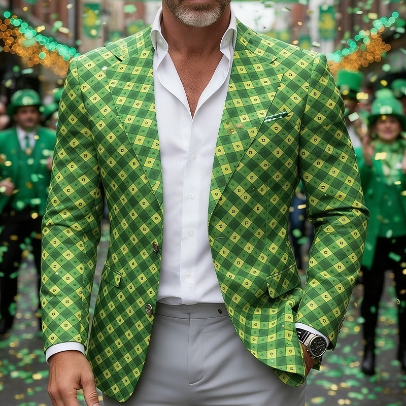 Муж. Блейзер Бизнес Офис Для вечеринок Мода День Св.Патрика Осень Зима Хлопок Трилистник Геометрия Рисунок Однобортный крой Блейзер Зеленый 2026 - $62.99 –P1