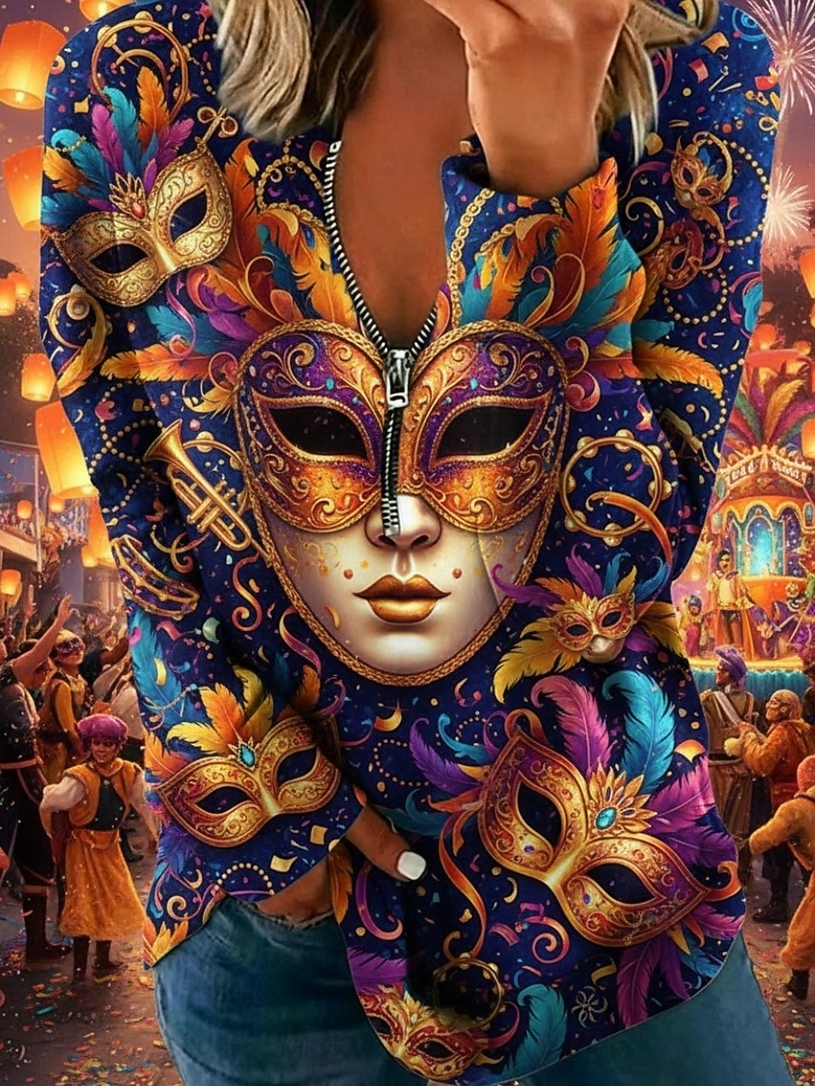 Carnival Women's Pullover Sweatshirt Graphic Vintage Casual Long Sleeve V Neck Regular Tops Street Dailywear Zipper Pocket Print Purple Spring Fall 2026 - $28.99 –P1