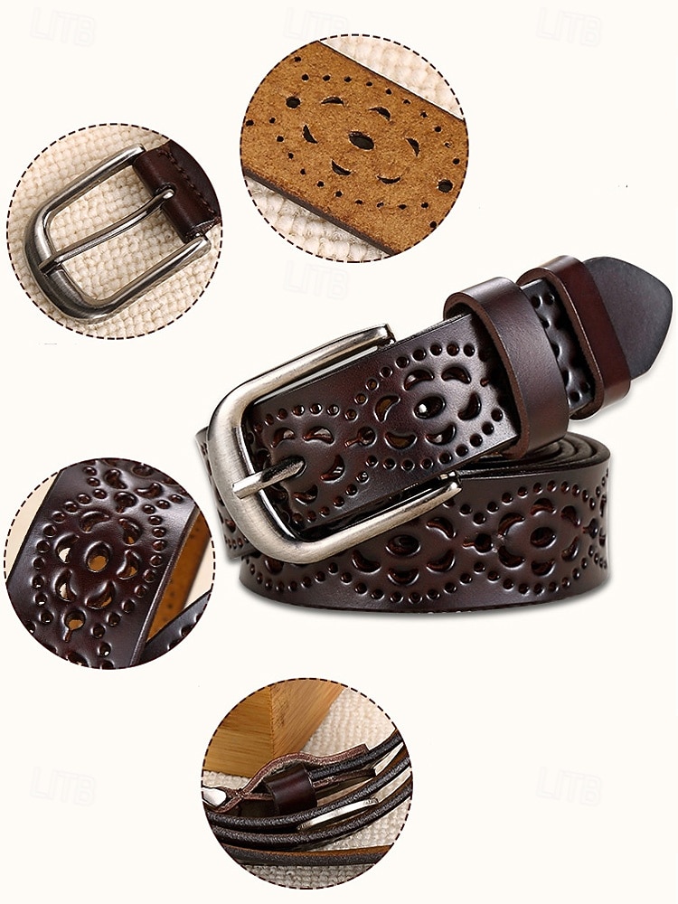 Naisten aitoa nahkaa oleva vyö, vintage-rei'itetty kukkakuvio metallisoljella, rento klassinen tyyli, monivärinen vyö farkkuihin, mekkoihin, jokapäiväiseen käyttöön ja ulkoiluun. 2026 - ZAR R281 –P5