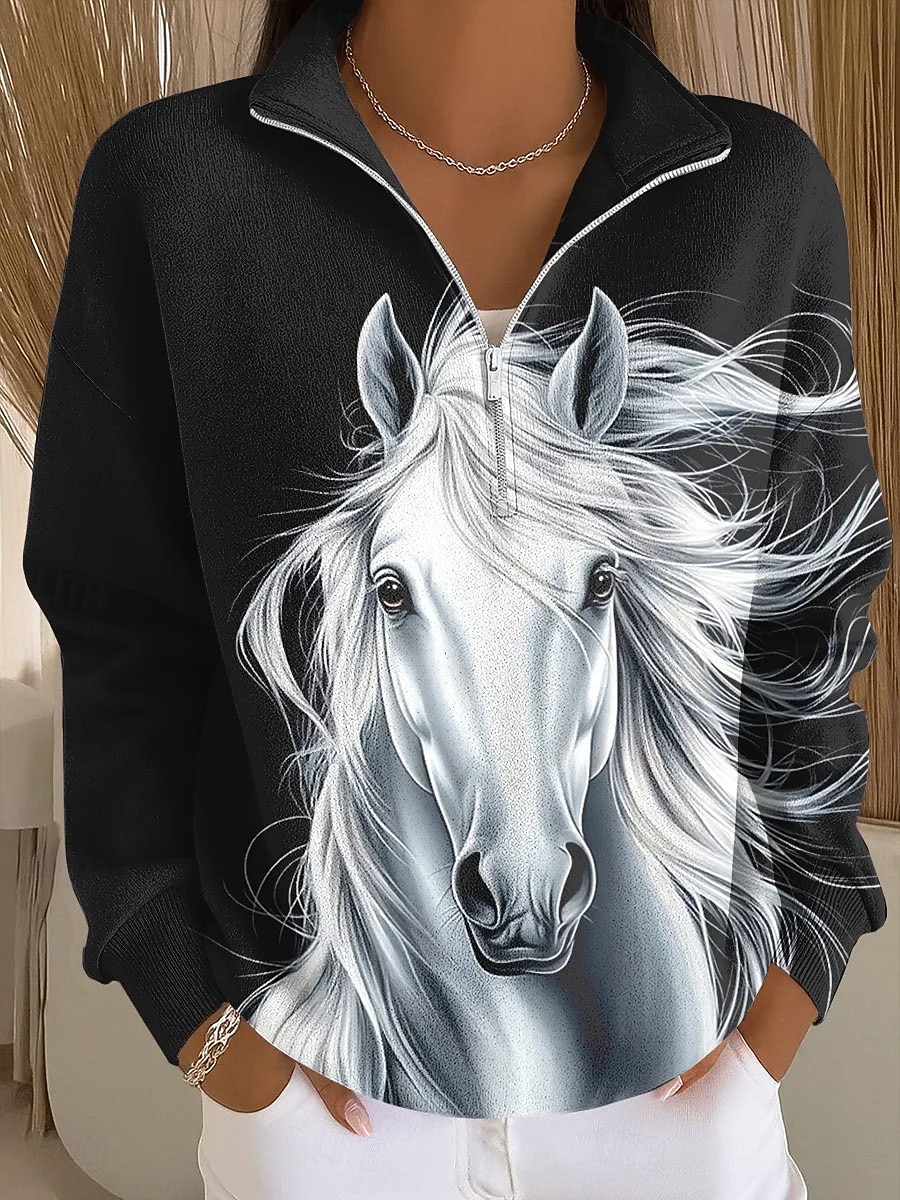 Per donna Felpa Pullover Cerniera Grafico Animale Casual Manica Lunga Mezza zip Top Regolari Casuale Abbigliamento Quotidiano Ferie Bianco e nero Nero Bianco Grigio Autunno del 2026 a $28.99 –P2