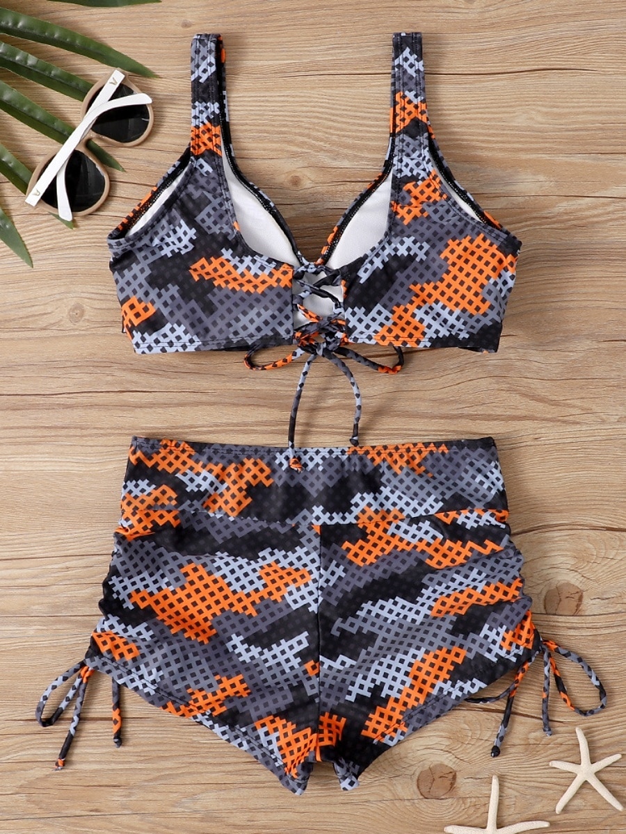 2026年 ウィメンズビキニ 2ピース水着 レオパード ショーツ スリム バックレス バケーション ビーチウェア カモ Vネック ノースリーブ 水着  コレクション – $19.99 –P3