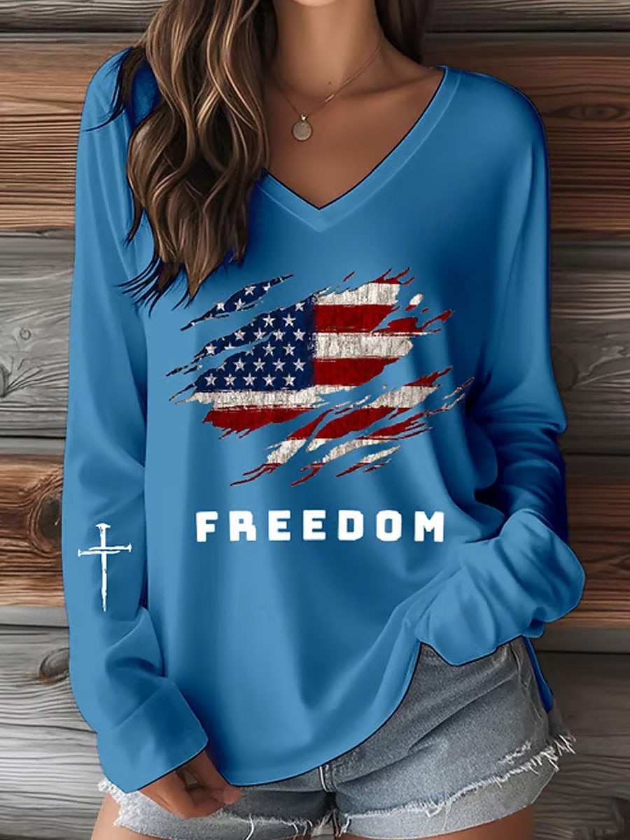 Unabhängigkeitstag Patriotische Damen T-Shirt Grafik Buchstabe Vintage Stilvoll Klassisch Langarm V-Ausschnitt Reguläre Oberteile Täglicher Druck Blau Schwarz Weiß Rot Sommer Frühling Herbst Winter 2026 - $24.99 –P2