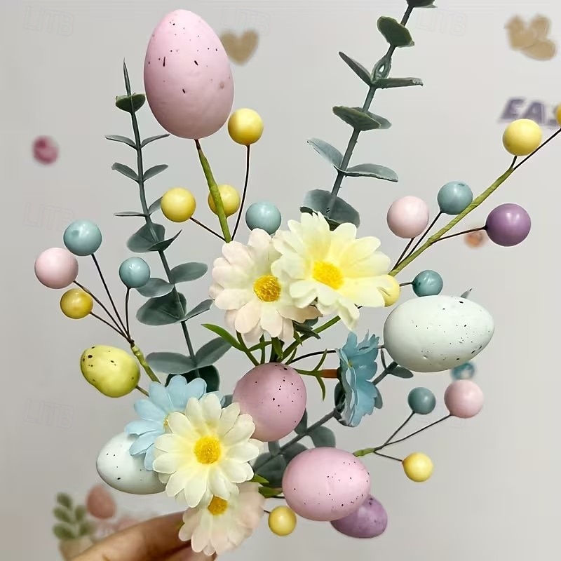 6pcs Artificial Easter Flower Stems with Speckled Eggs and Colorful Berries, Spring Centerpiece Decor with Pastel Eggs, Daisies, and Branches for Easter Arrangements 2026 - $32.99 –P5
