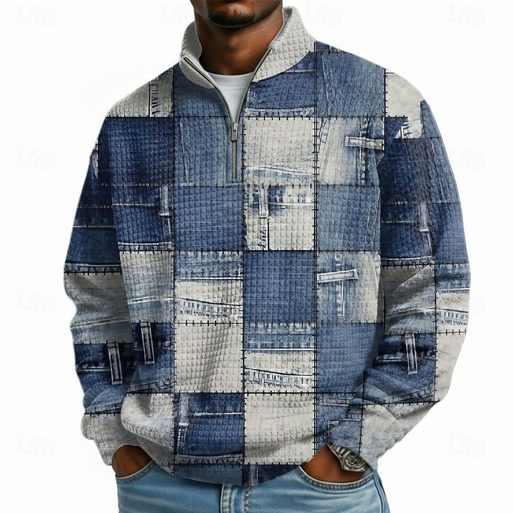 Homme Plaid Gauffré Sweatshirt Mode Quotidien Classique Occasionnel Col montant Zip quart Maison Extérieur Bureau Travail Bleu Bleu Clair Violet Marron Gris Zip Up Automne Hiver Designer S M L XL XXL de 2026 ? $32.99 –P1