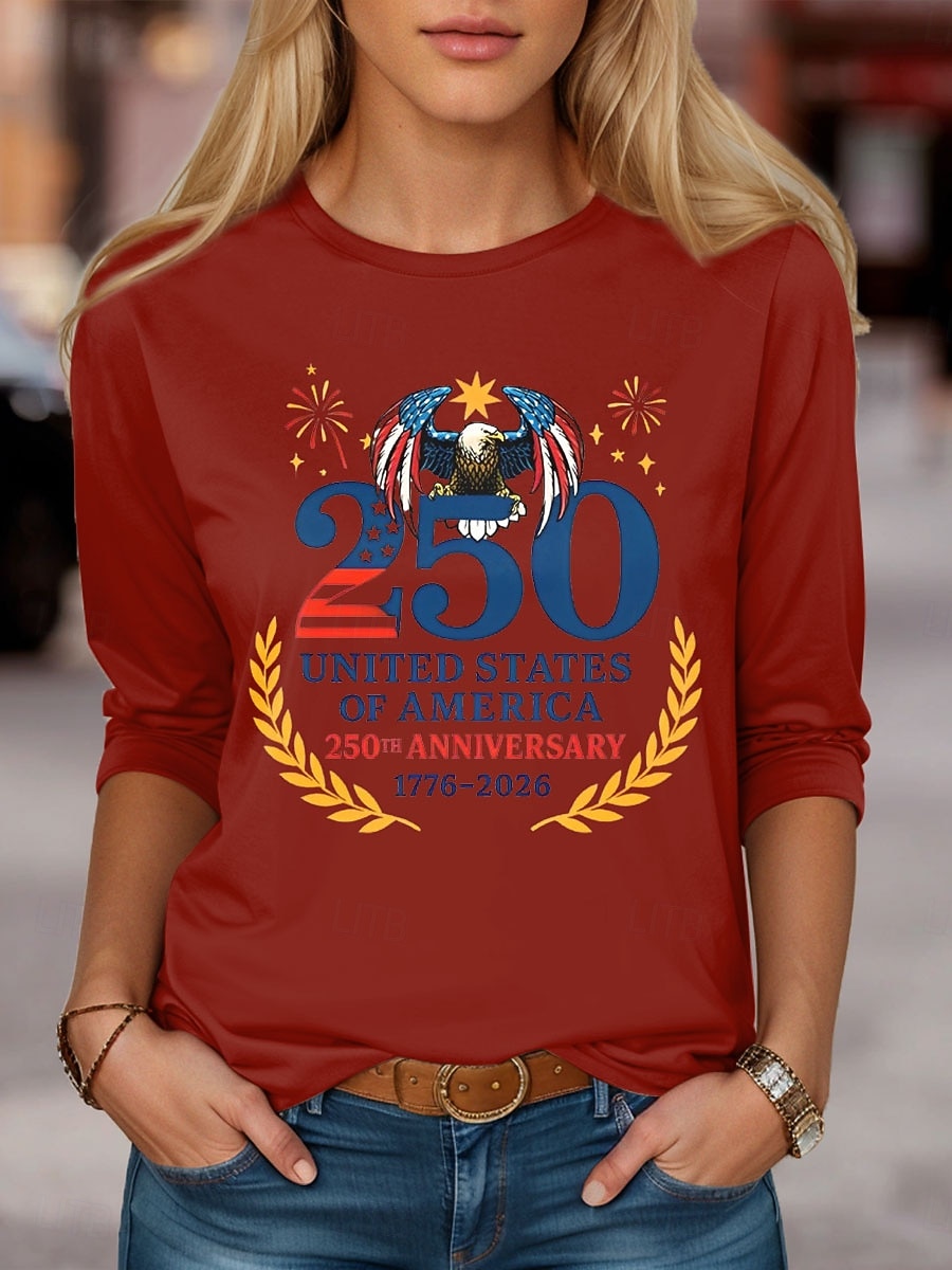 Independensdagen Amerikansk Jubilé Patriotisk Dam T Shirt Grafisk USA Flagga Mode Stilig Klassisk Långärmad Rundhals Daglig Helgtryck Svart Vit Röd Sommar Vår Höst 2026 - $24.99 –P3