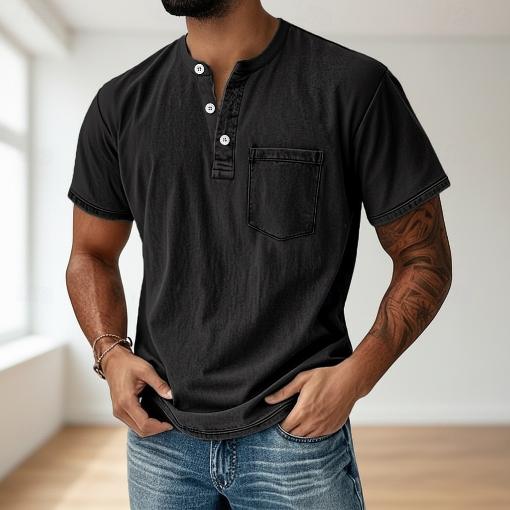 Men's Henley Shirt 100% Cotton Acid Wash Shirt T shirt Tee Short Sleeve Solid Retro Vintage Casual Vintage Style Washed Henley Casual Summer Spring Fall Black Pink Light Green Henley T-Shirt 2026 - $31.99 –P5