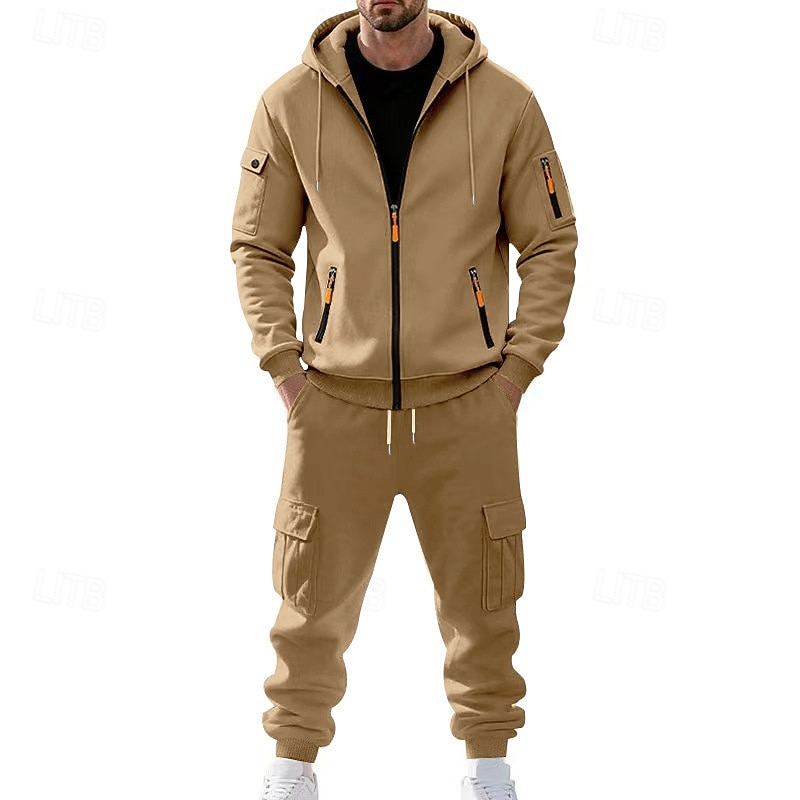 Men's Hoodie Tracksuit Hoodie & Pants Set Hoodie Daily Outdoor Vacation Daily Wear Drawstring Zip Up Plain Black Navy Blue Khaki Activewear Sports Fashion Fall 2026 - $54.99 –P10