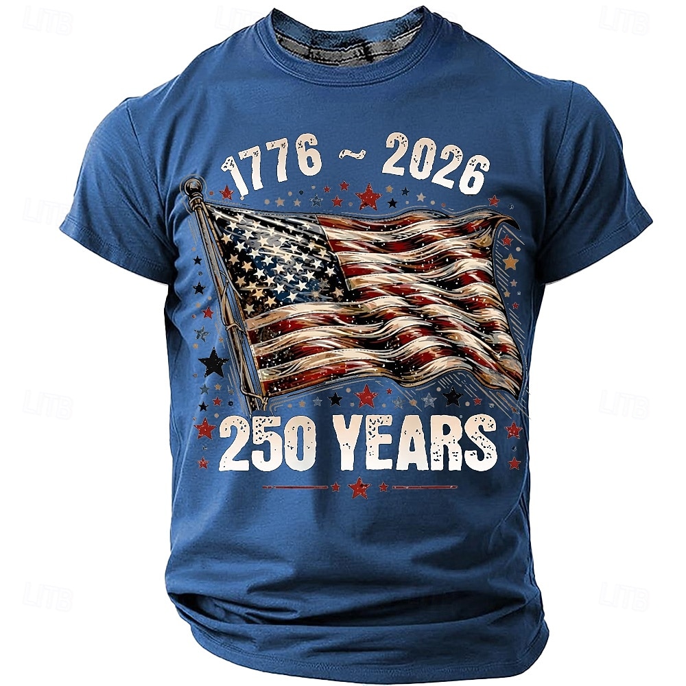 4 iulie 2026 250 de ani de Ziua Memoriei Tricou pentru bărbați cu imprimeu 3D Steagul SUA cu guler rotund și mânecă scurtă Daily Stradă 2026 - $8.99 –P4