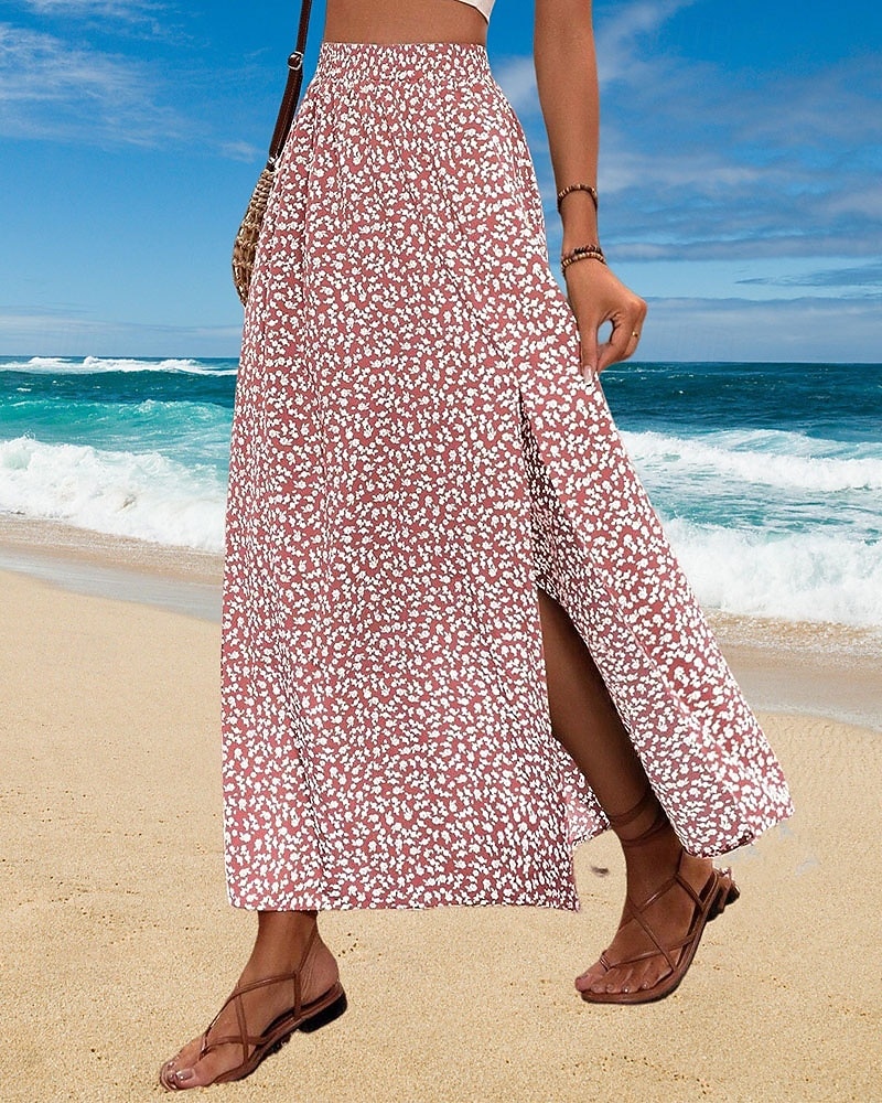 Women's Elegant Fashion Casual Maxi High Waist Skirts Floral Print Split Ends Micro-elastic Stretchy Daily Street Black Pink Summer 2026 - $14.99 –P4