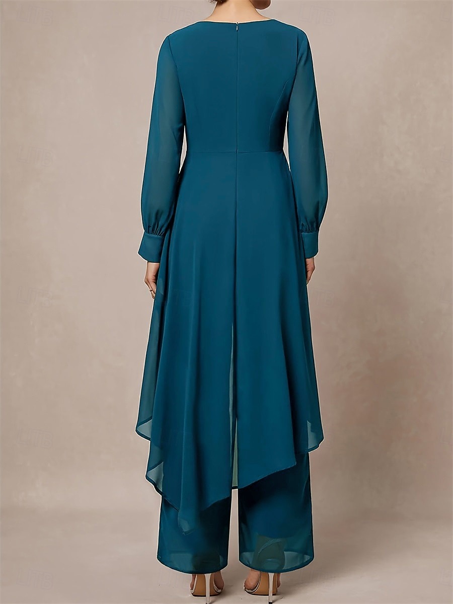Buksedrakt Asymmetrisk Kjole til brudens mor Langermet Crew-hals Elegant Formell Bryllupsgjest Formell kveld Chiffon med Ensfarget 2026 - $160.99 –P6