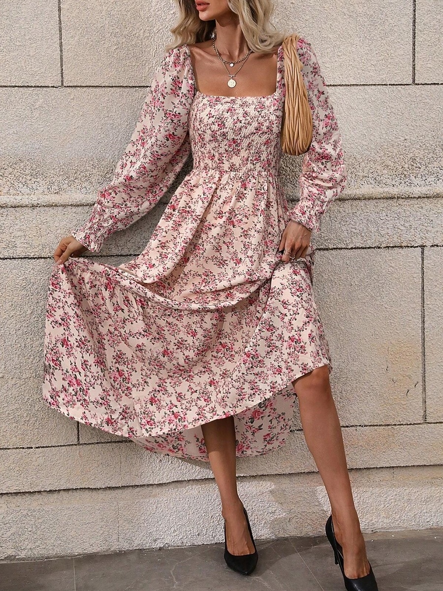 Dames Maxi-jurk A lijn jurk Casual Dagelijks Normale pasvorm Bloemig Grafisch Lange mouw Vierkante hals Zwart Blozend Roze Lente Herfst 2026 - $34.99 –P6