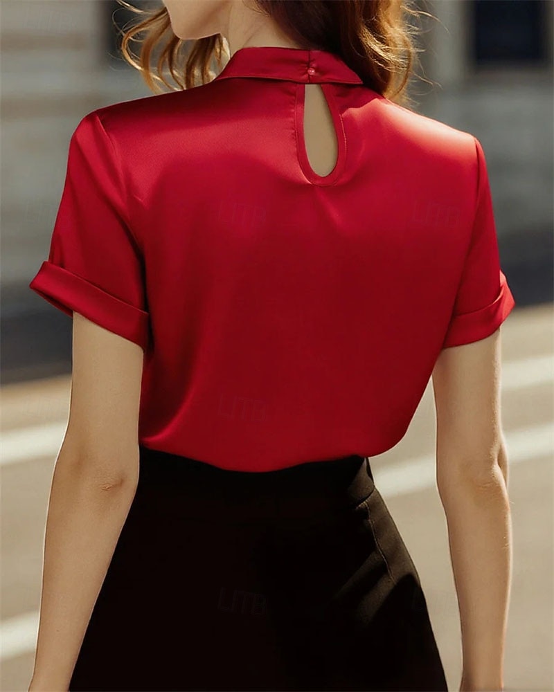Damen Hemd Elegant Satin-Top Bluse Gerafft Patchwork Drapiert Einfarbig Einfach Elegant Vintage Täglich Kurzarm Hoher Ausschnitt Normale Oberteile Täglich Arbeit Ferien Schwarz Rote Grün Beige 2026 - $26.99 –P8