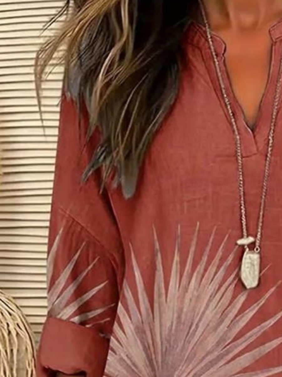 Mujer Camisa Sayo Estampado Floral Graphic Vintage Diario Elegante Manga Larga Escote en Pico Tops regulares Diario Festivos Rojo Verano Primavera 2026 - $31.99 –P2