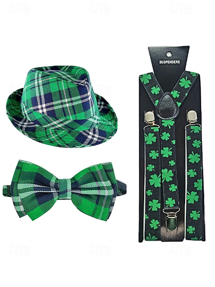 Conjunto de accesorios para disfraz de San Patricio para hombre: sombrero, pajarita y tirantes a cuadros verdes, poliéster con múltiples estampados, ideal para desfiles y fiestas irlandesas. 2026 - $24.99 –P9