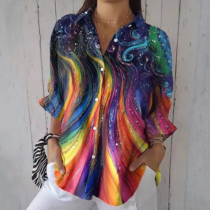 Γυναικεία Πουκάμισο Σουρωτά Ombre Γραφική Βίντατζ Στυλάτο Μακρυμάνικο Καμπάνα Κολάρο Πουκαμίσου Κανονικά μπλουζάκια Καθημερινά Δουλειά Αργίες Ουράνιο Τόξο Καλοκαίρι Άνοιξη Φθινόπωρο 2026 - $39.99 –P1