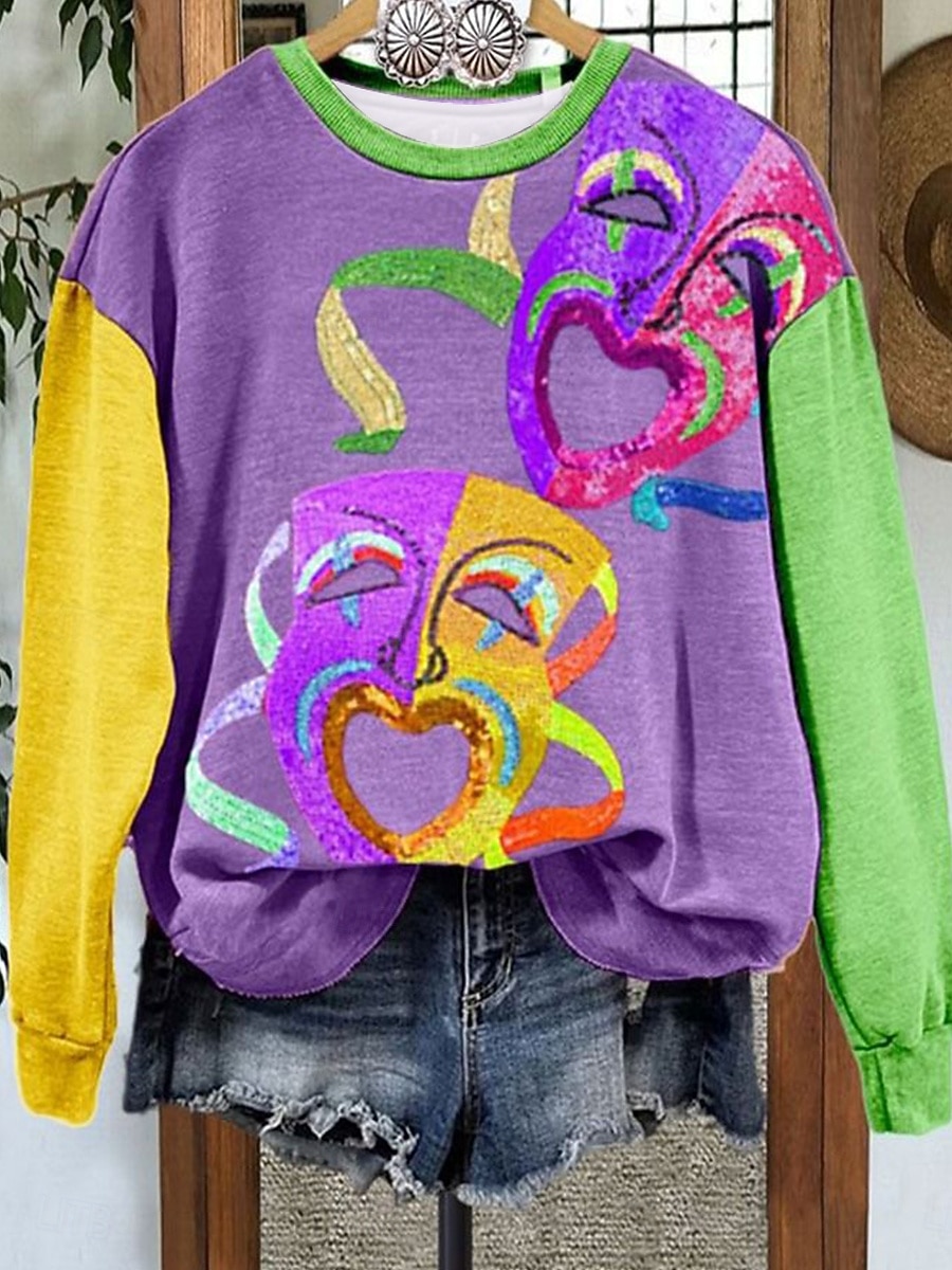 Felpa Pullover da Donna Carnival Maglietta Grafica Astratta Casual Maniche Lunghe Collo Giro Regular Tops Moda Quotidiana Giallo Viola Verde Primavera Inverno del 2026 a $28.99 –P1