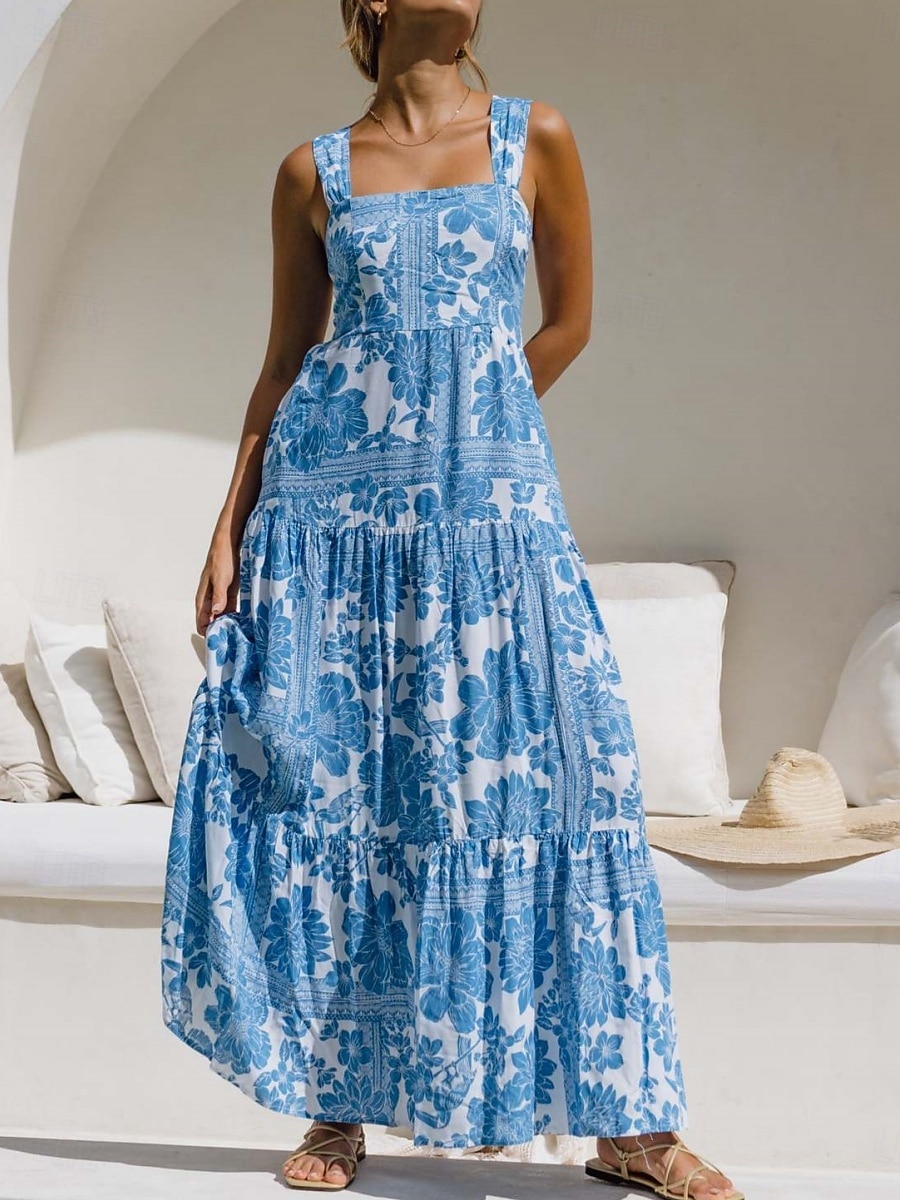 Damskie Sukienka maxi Sukienka A line Sukienka na ramiączkach Urlop Codzienny Na zewnątrz Wyjściowe Luźna Kwiaty Graficzny Bez rękawów Cienkie ramiączka Niebieski Błękit nieba Pomarańczowy Zielony 2026 - $33.99 –P4