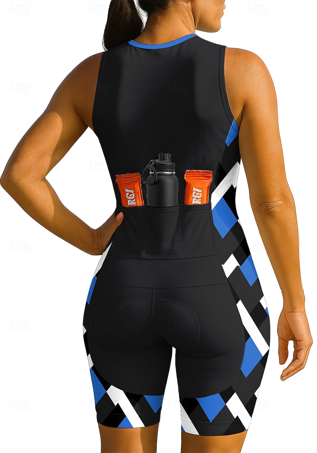2026年 女性用 トライスーツ サイクルジャージセット ノースリーブ マウンテンサイクリング ロードバイク 夏 ブルー ブラック 幾何学模様 バイク 3Dパッド 速乾性 抗紫外線 フロントファスナー 反射性ストリップ スパンデックス ライクラ スポーツ 衣類  コレクション – $44.99 –P2