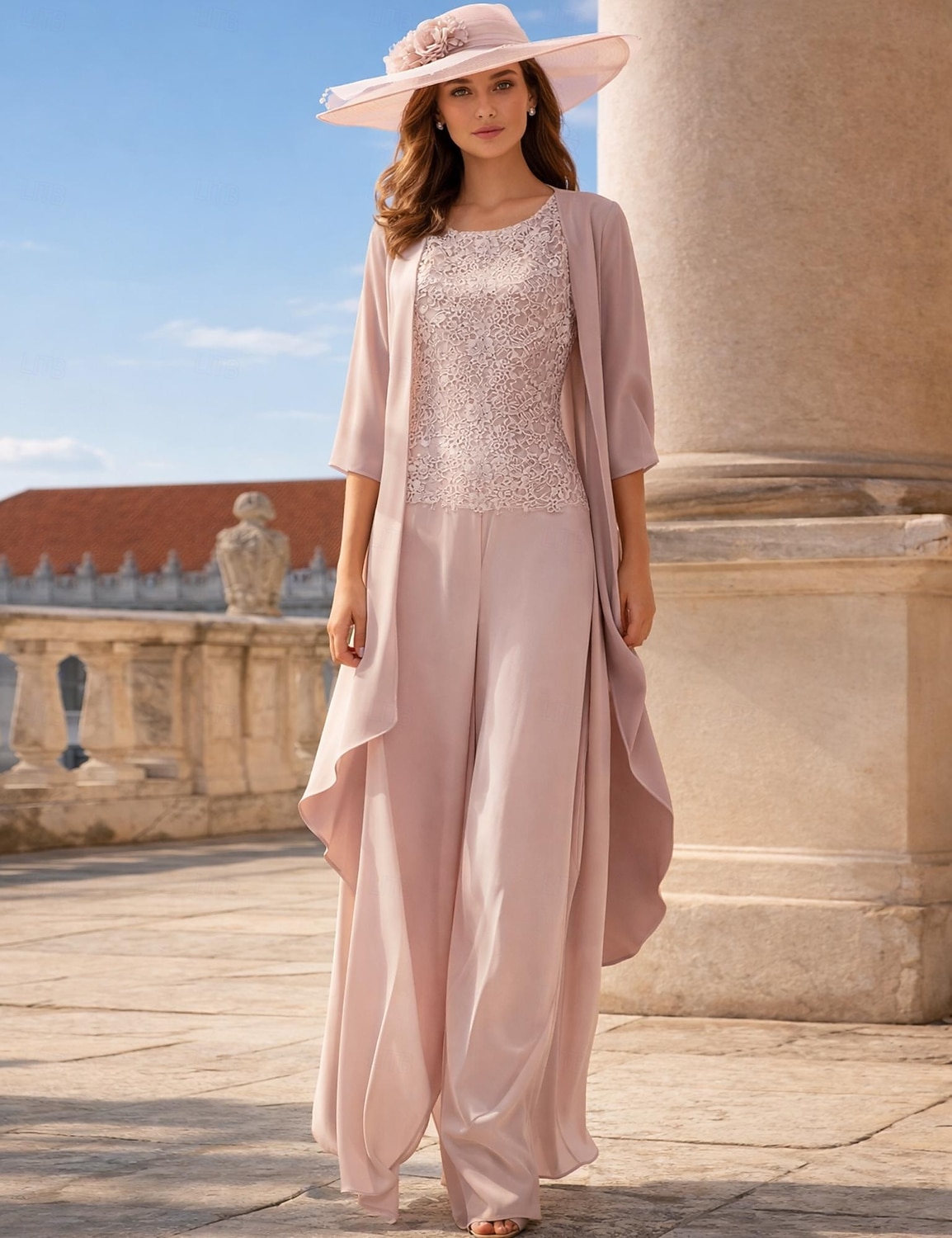 Broek 3-delig pak Tot de grond Moeder van de bruid jurk Mouwloos Ronde hals Elegant Grote maten Formeel Bruiloft gast Chiffon Kant met Appliqués 2026 - AU $253.66 –P1