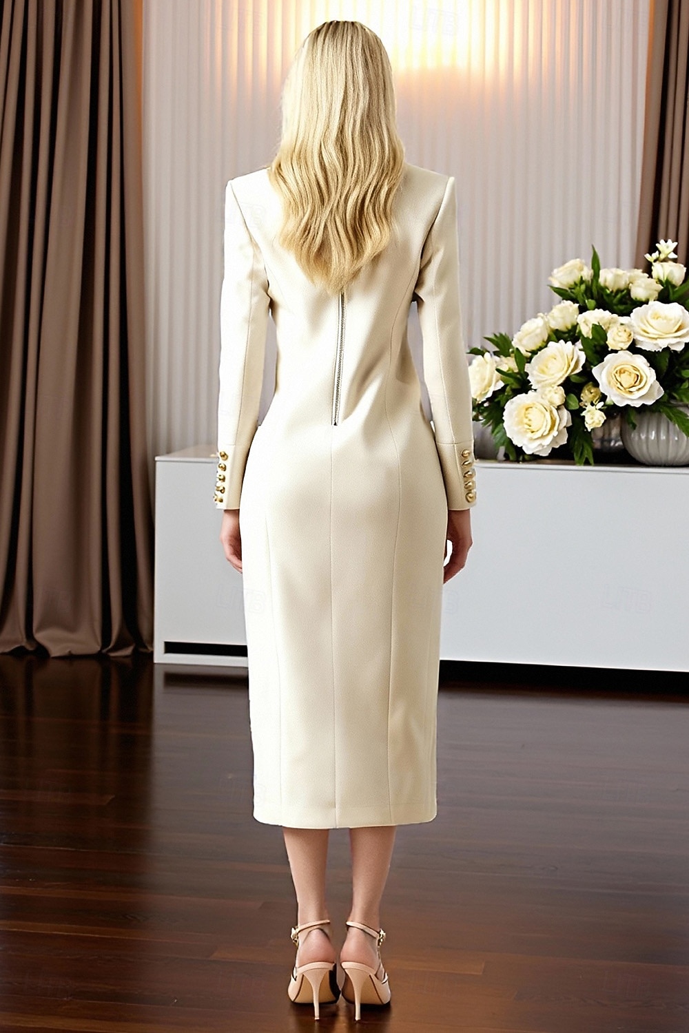 Women's Tuxedo Dress Sheath Business Office Formal Satin Elegant Long Sleeve Midi Peak Lapel Double Breasted 2026 - $195.99 –P2