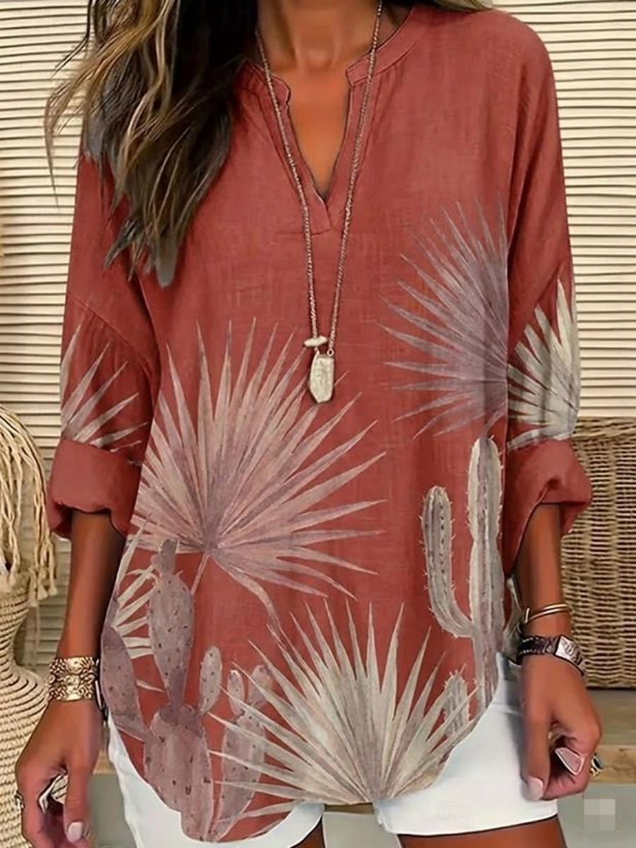 Mujer Camisa Sayo Estampado Floral Graphic Vintage Diario Elegante Manga Larga Escote en Pico Tops regulares Diario Festivos Rojo Verano Primavera 2026 - $31.99 –P1