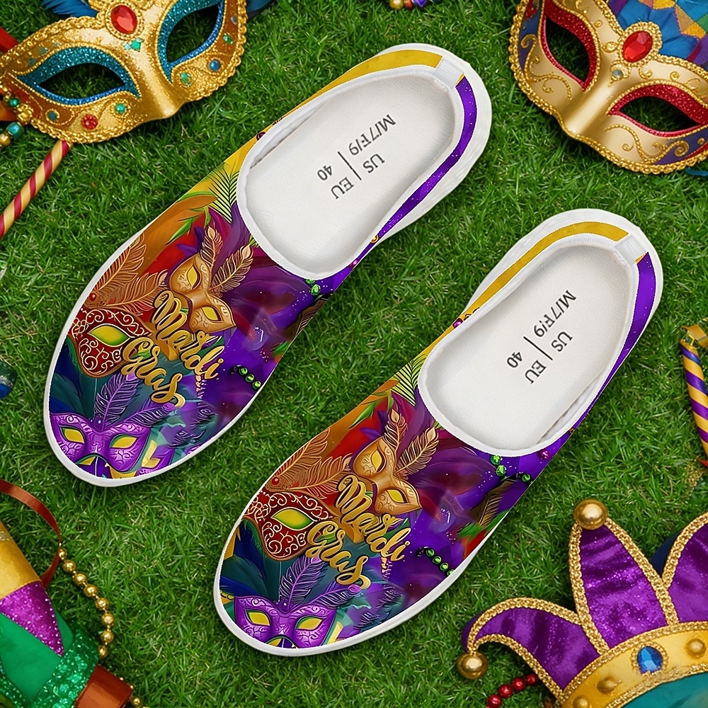 Scarpe casual slip-on con stampa di maschera per Mardi Gras da uomo - calzature festive leggere e traspiranti per sfilate di carnevale celebrazioni di strada feste a tema e uscite festive del 2026 a $32.99 –P1