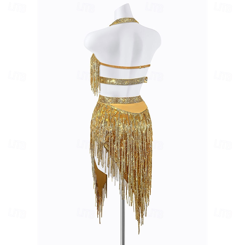 Damen-Set mit goldenen Pailletten und Fransen für lateinamerikanische Tänze – Neckholder-Crop-Top &asymmetrisches Rock-Ballsaal-Auftrittskostüm 2026 - $315.89 –P2