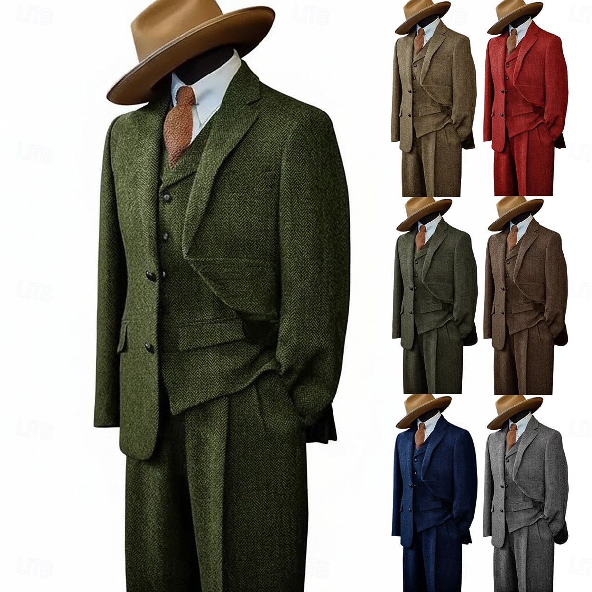 De los hombres Trajes de tweed Negocio Boda Azul Piscina Caqui Claro Otoño invierno Traje Solapa de Pico Negocios Retro Antiguo Espiga A Medida Juego de 3 piezas Recto 2 botones 2026 - $139.99 –P1