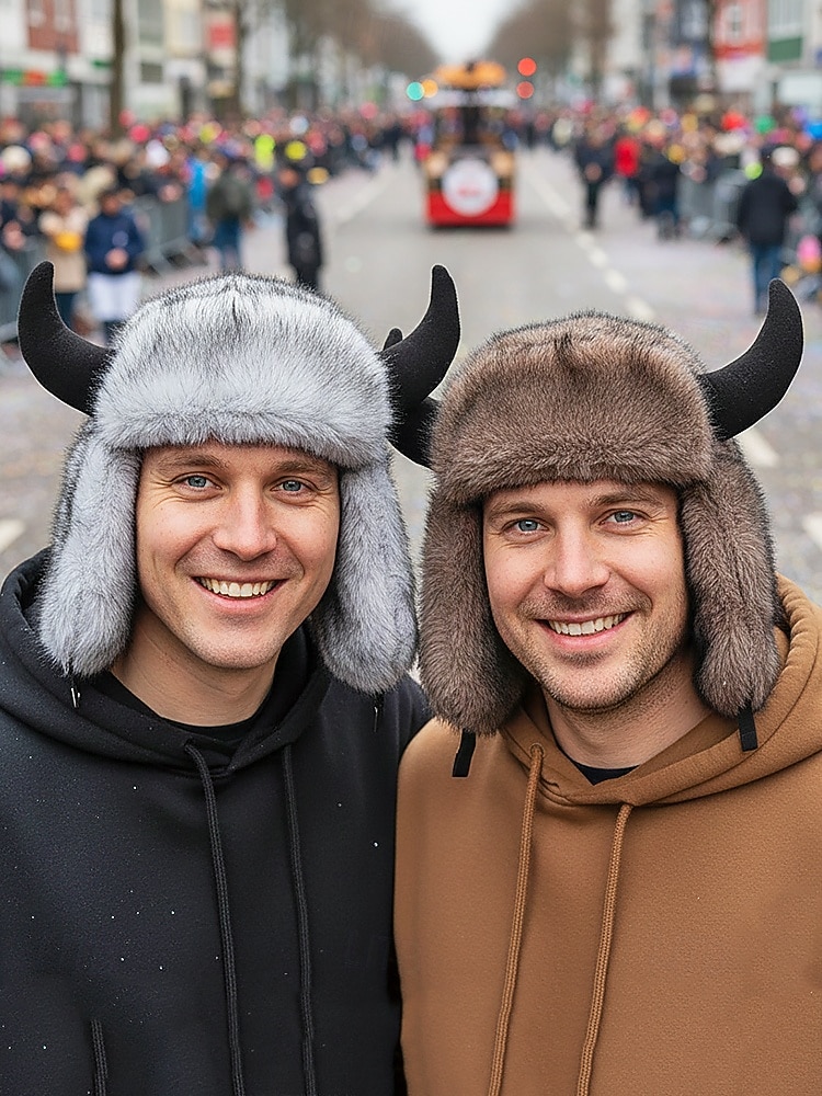 Männliche warme Kunstpelzhorn Mardi Gras Hut | Multi-Farben Tier/Dämon Stil Bomber-Cap | Perfekt für Karneval Maskerade  Kostümpartys 2026 - $24.99 –P1