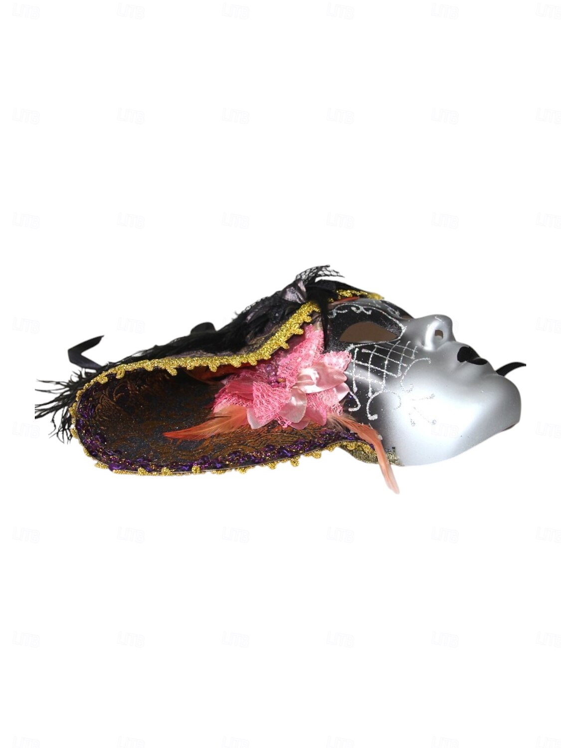 Kvinnors röd- och guldvenetiansk karneval Mardi Gras mask med fjädrar och blommiga detaljer – Perfekt för Mardi Gras och maskeradfester 2026 - $34.99 –P9