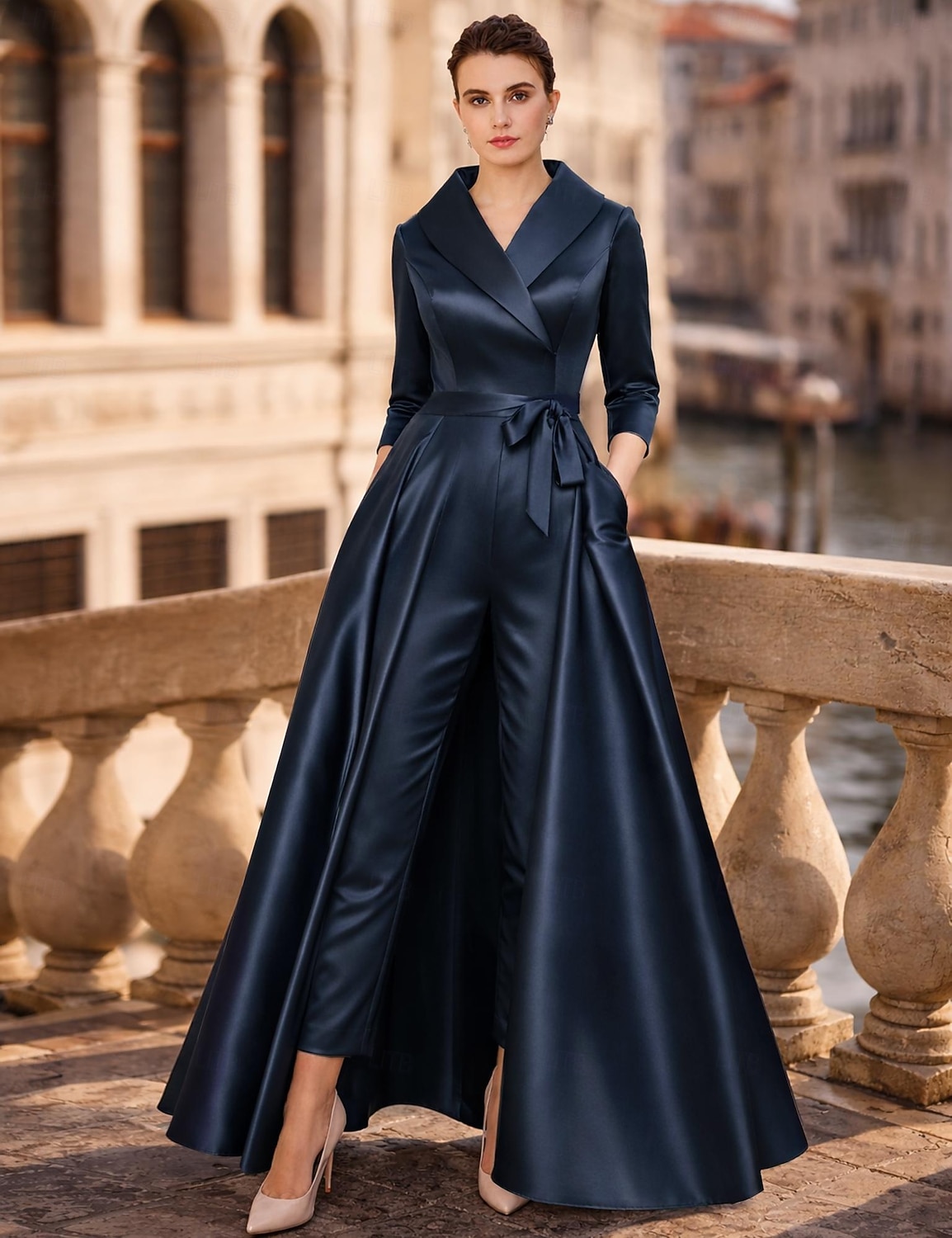 Jumpsuit Pantsuit Ankle Length Mother of the Bride Dress 3/4 Length Sleeve Shirt Collar Elegant Party Simple Formal Wedding Guest Satin with Bow(s) 2026 - $142.99 –P9