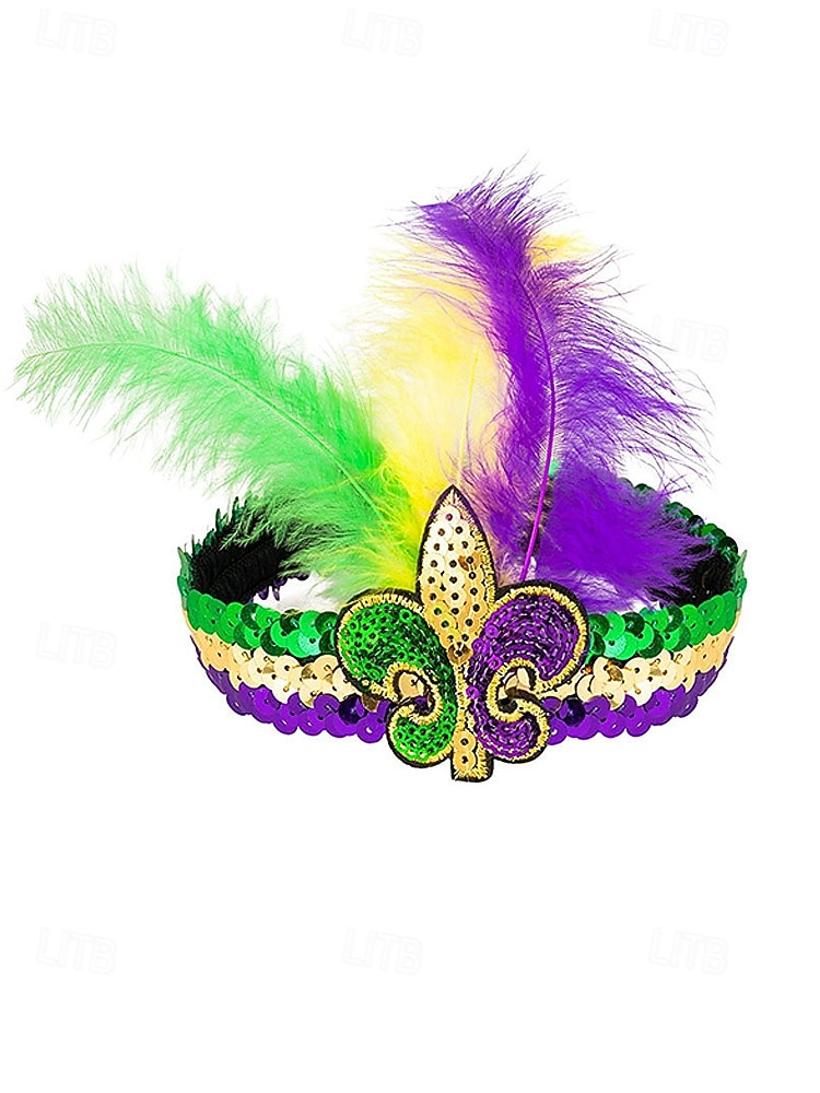 Dámská souprava masky a čelenky na karneval Mardi Gras z polyesteru s flitry – živé barvy s peřím ideální pro karneval a maškarní večírky 2026 - $9.99 –P5