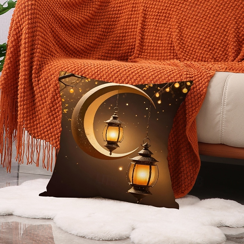 Capa de almofada decorativa para o Ramadã e Eid, lua crescente dourada &Almofada de sofá em estilo étnico com estampa de lanternas, decoração para festivais do Oriente Médio, ideal para sala de estar de 2026 por $13.99 –P9