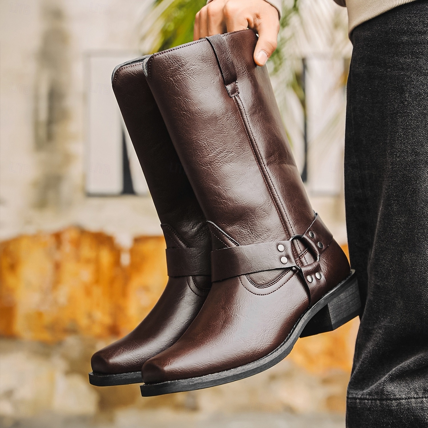 Herre Støvler Cowboy Western støvler Retro Gange Fritid Daglig PU Bekvem Støvletter Tøfler Mørkebrun Gulbrun Svart Vår Høst 2026 - $64.99 –P1