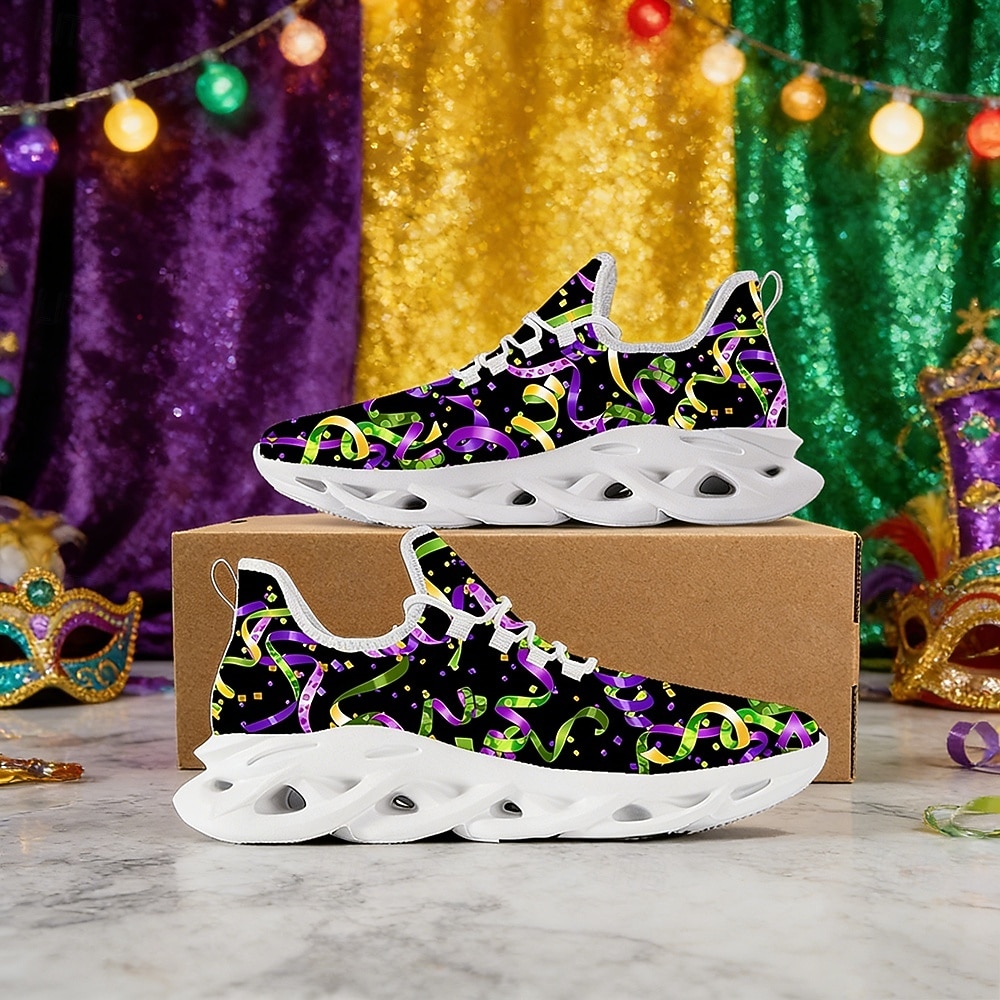 Women's Mardi Gras Confetti Print Lace-Up Athletic Sneakers - Cushioned Comfort Festive Shoes for Carnival Parades, Street Celebrations, Daily Errands & Summer Outdoor Activities 2026 - $42.99 –P1