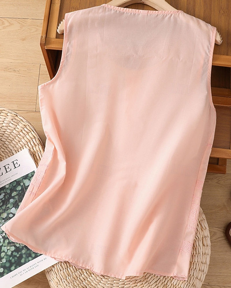 Жен. Летние вершины Блуза Искусственный хлопок и лен Рюши Пэчворк Вышивка Сплошной цвет Элегантный стиль Дамы Стиль Без рукавов U-образный вырез Обычные топы Повседневные Офис На выход 2026 - $21.99 –P3