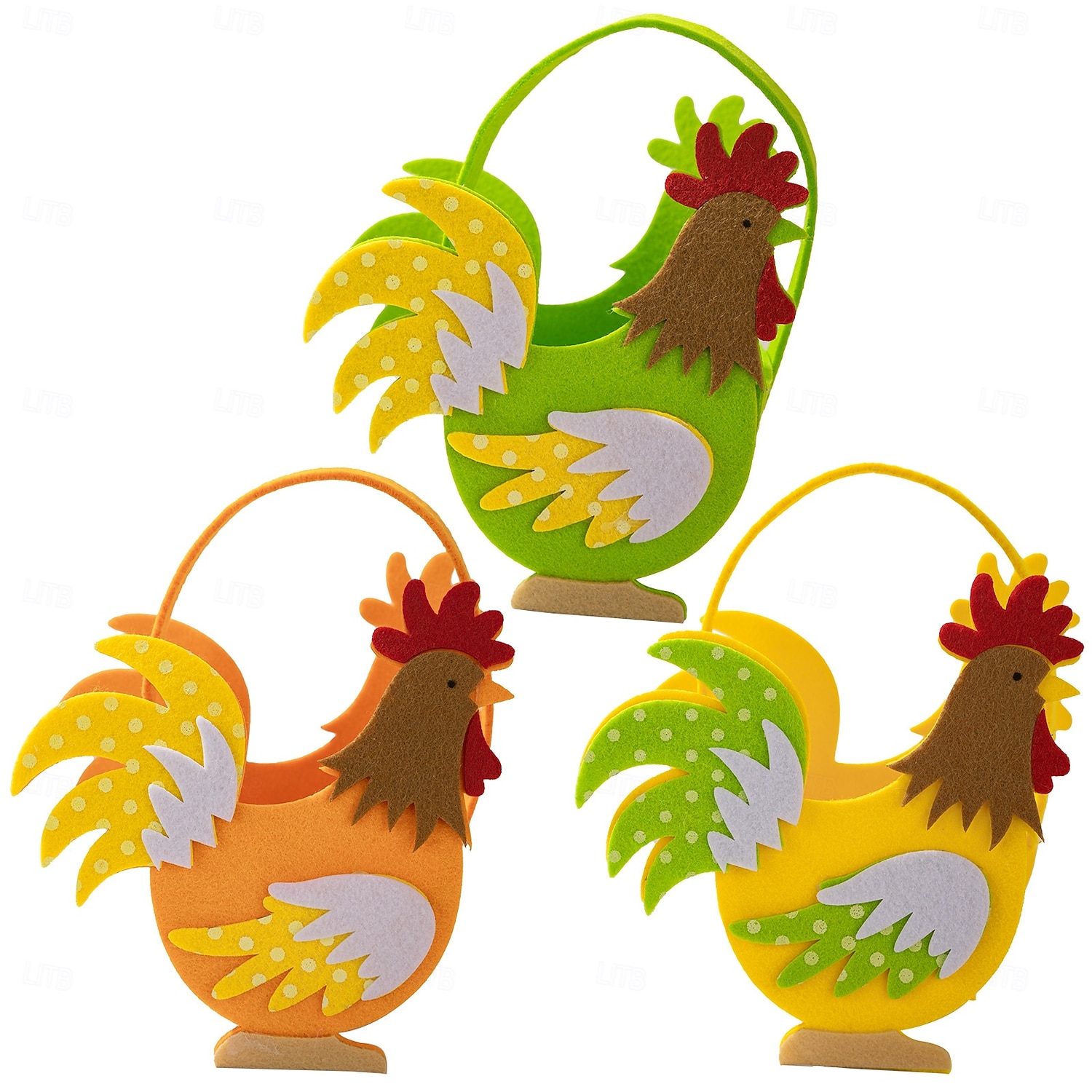 Set van 3 vilten opbergmandjes met paashaasjes en kleurrijke hanen, handzame draagtassen met cartoonfiguren, paas snoepbakken voor feestelijke decoratie, lente opbergspullen voor kinderen en 2026 - $15.99 –P3