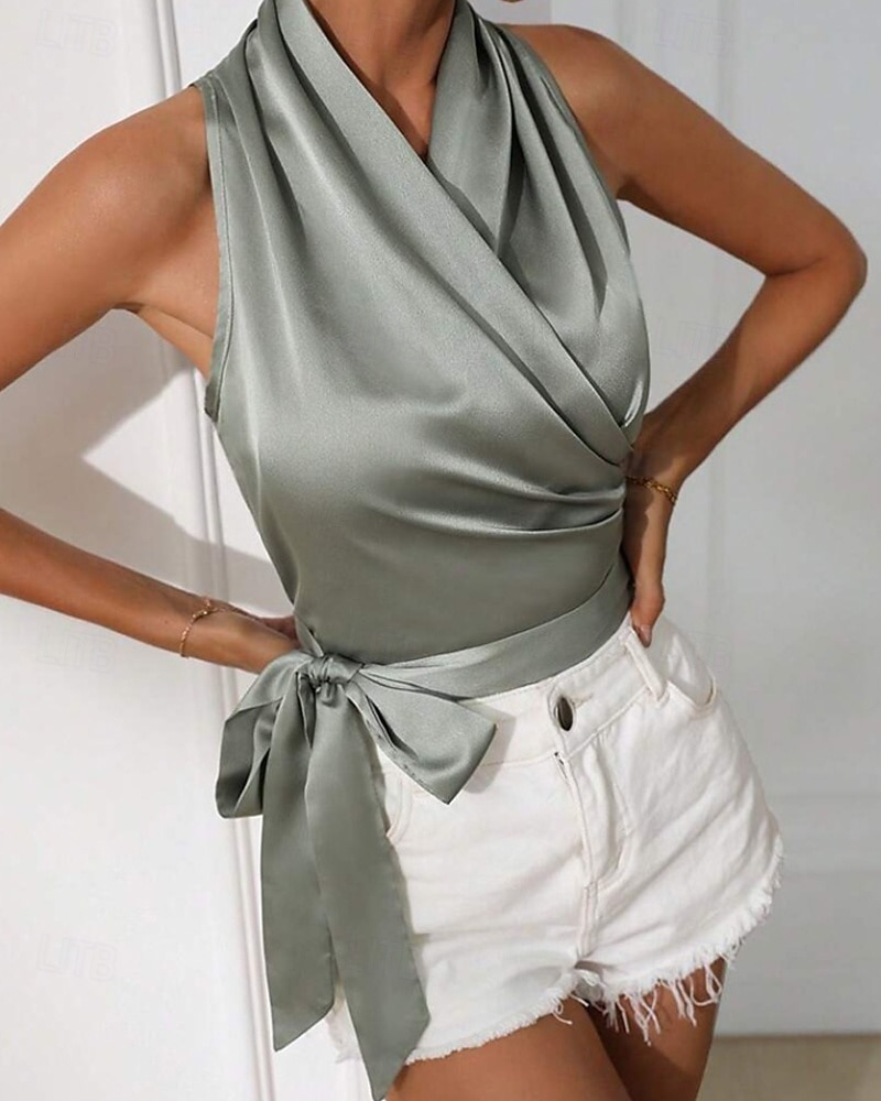 Жен. Блуза Открытая спина Полотняное плетение Стиль Секси Без рукавов НАЙКА НЕКО Обычные топы Праздники На выход Синий Черный Цвет шампанского Светло-зеленый Лиловый Лето Весна 2026 - BHD 10.12 –P18