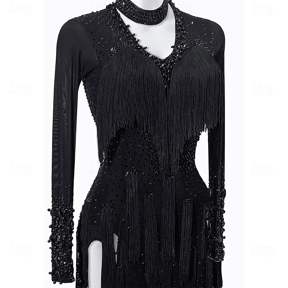 Latin Dance Dress Tassel Splicing Crystals / Rhinestones Women's Training Performance Long Sleeve High Spandex Polyester 2026 - $255.89 –P2