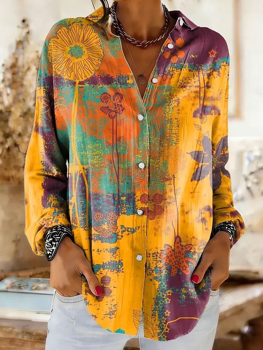 Женская рубашка из льняного материала воздухопроницаемая легкая градиентная цветочная графика элегантная винтажная тропическая с длинным рукавом с воротником обычные топы для повседневной носки принт 2026 - $36.99 –P2