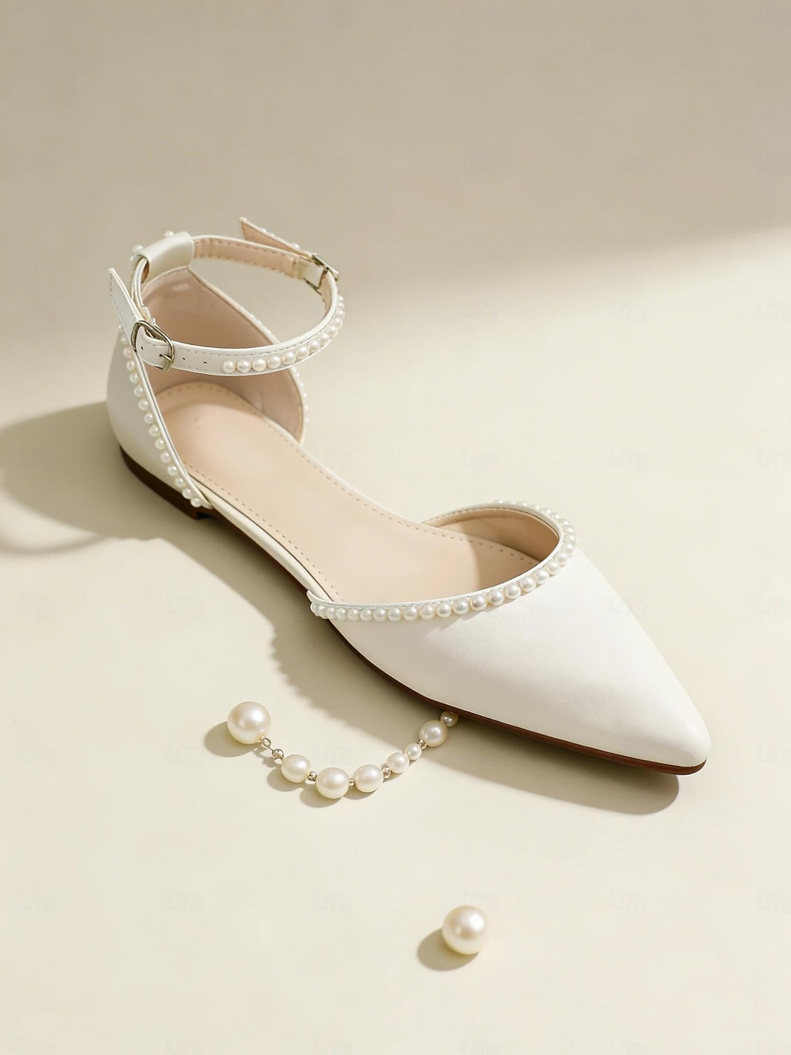 женские белые туфли на плоской подошве с острым носком, украшенные жемчугом, с ремешком на щиколотке — идеально подходят для свадеб и официальных мероприятий 2026 - $54.99 –P3