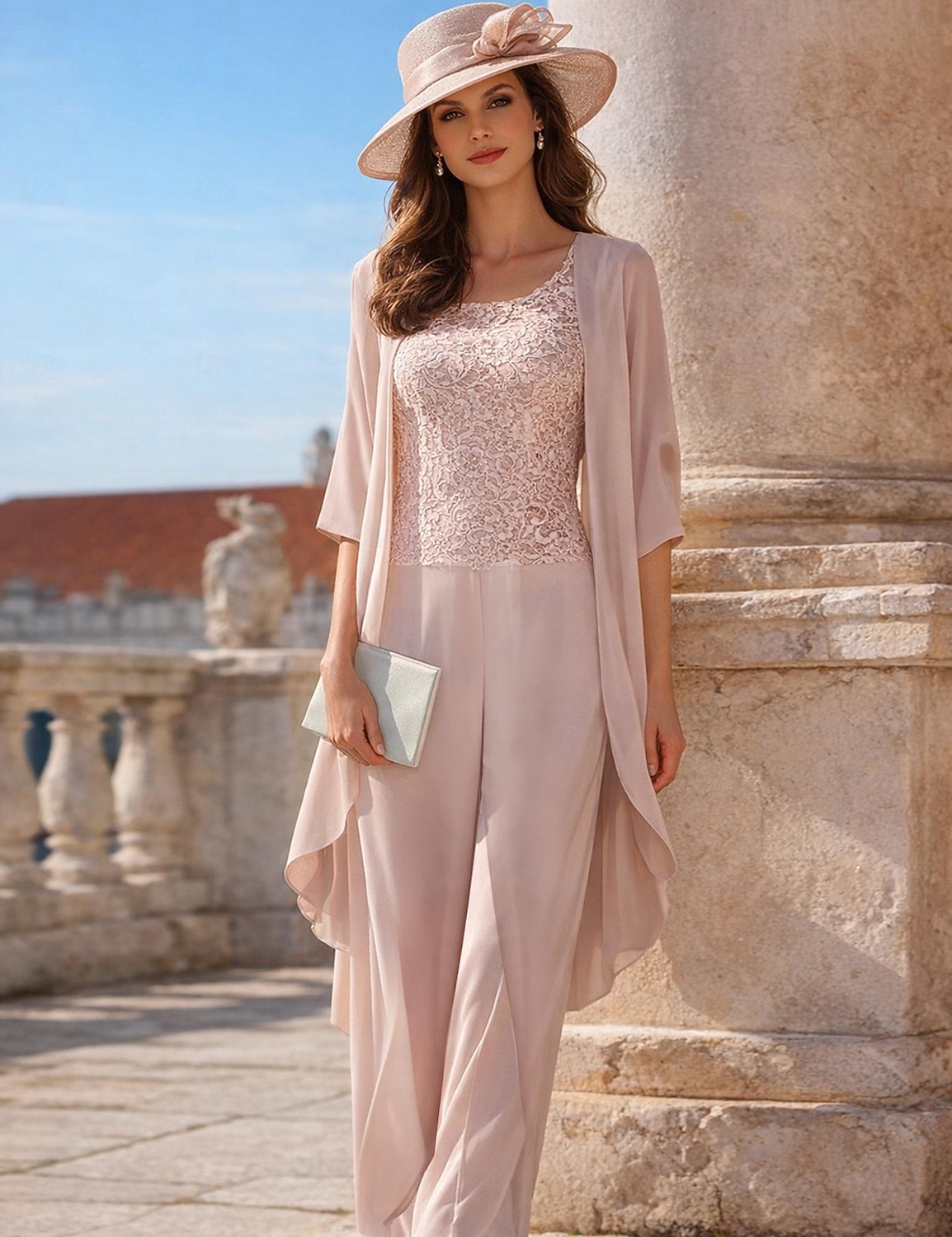 Broek 3-delig pak Tot de grond Moeder van de bruid jurk Mouwloos Ronde hals Elegant Grote maten Formeel Bruiloft gast Chiffon Kant met Appliqués 2026 - AU $253.66 –P3