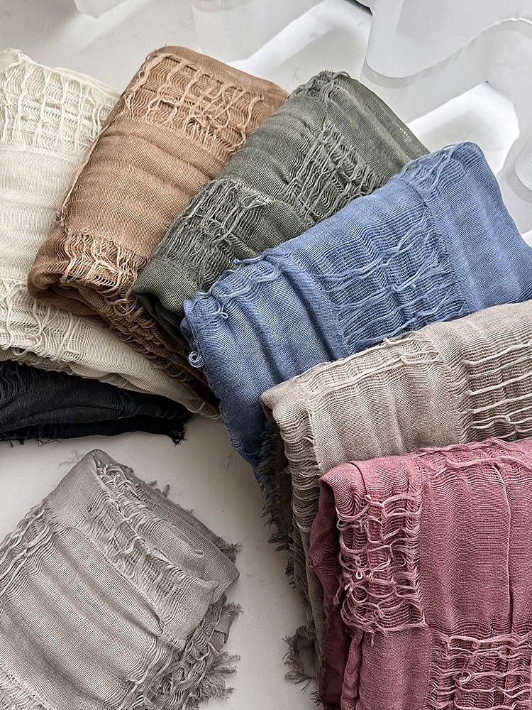 Naisten puuvilla-pellavahuivi hapsutetuilla tupsuilla – boheemi tyyli, useita värejä, kevyt ja mukava arkeen ja vapaa-aikaan 2026 - $14.99 –P12