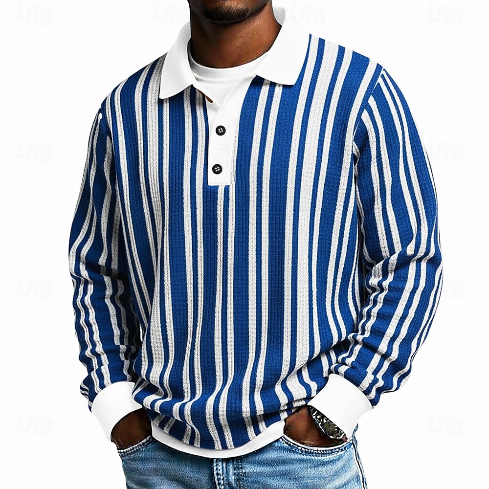 Per uomo Strisce verticali Magliette Polo a Nido d'Ape Manica Lunga Magliette polo Bavero Abbigliamento Sportivo Casual Scuola Athleisure Abbigliamento quotidiano Stampa 3D Primavera Autunno Blu Nero del 2026 a $28.99 –P2