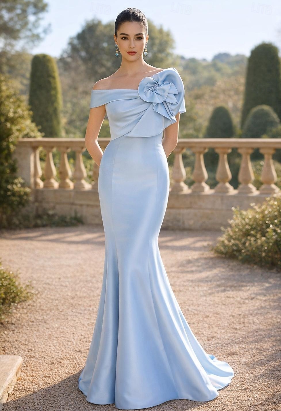 Meerjungfrauenschnitt Bodenlang Abendkleid Ballkleid Festliche Kleidung Elegant seidig Kurzarm Schulterfrei Hochzeit Formell Tasche Satin mit Gestickte Blume 2026 - $183.99 –P1