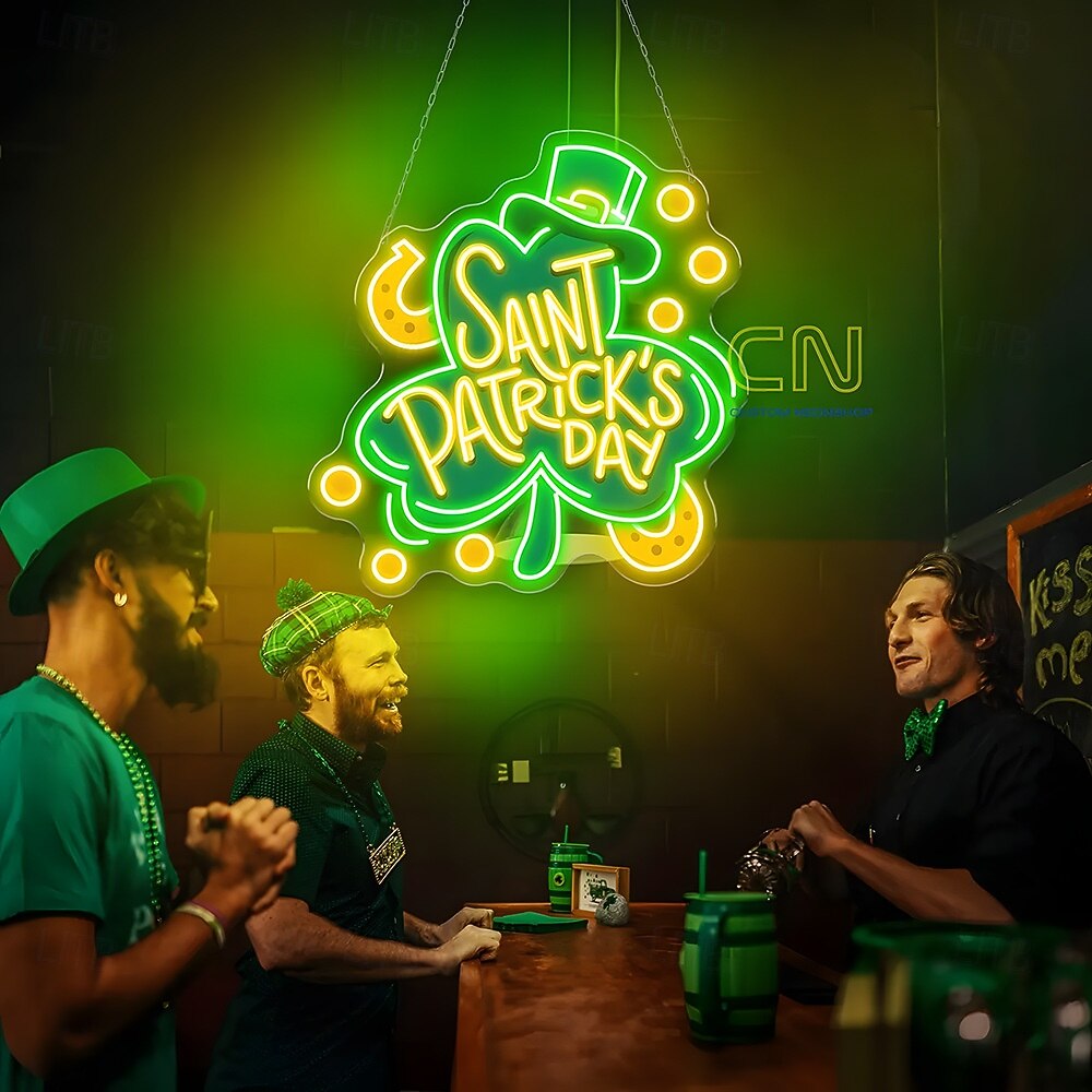 Szent Patrik-napi neonreklámok faldekorációhoz lóhere aranypénz kalap LED-es táblák neonbár táblák hálószobába USB világító tábla otthonra bár fali ember barlang buli klub étterem szálloda 2026 - $36.99 –P6