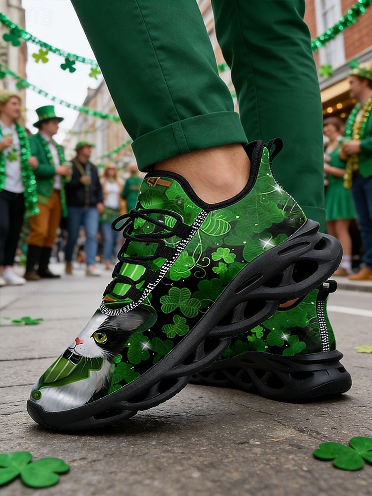 Herrsneakers med St. Patrick's Day-tema – grönt shamrock- och kattmönster, bekväma, perfekta för St. Patrick's Day-fester och roliga evenemang 2026 - $42.99 –P2